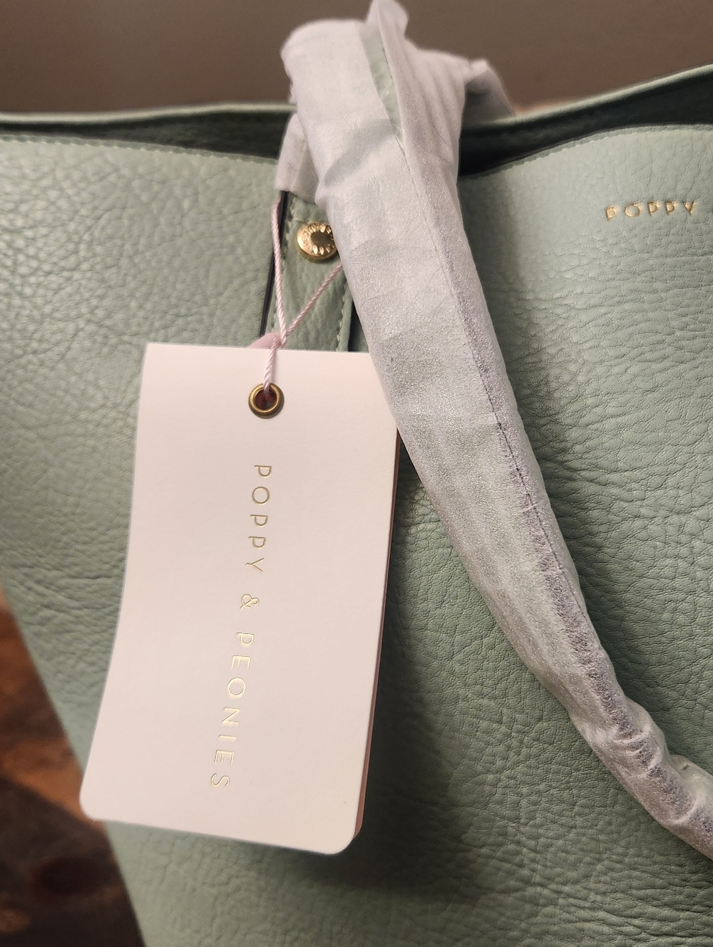 Poppy & Peonies Mint Green Pebbled Tote with Gold Hardware - Picture 3 of 16